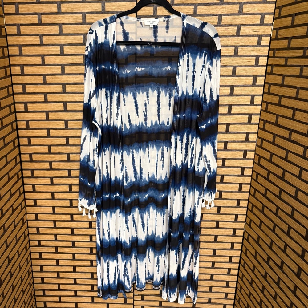 Siren Lily Blue And White Tie Dye Mesh‎ Kimono Size 2X